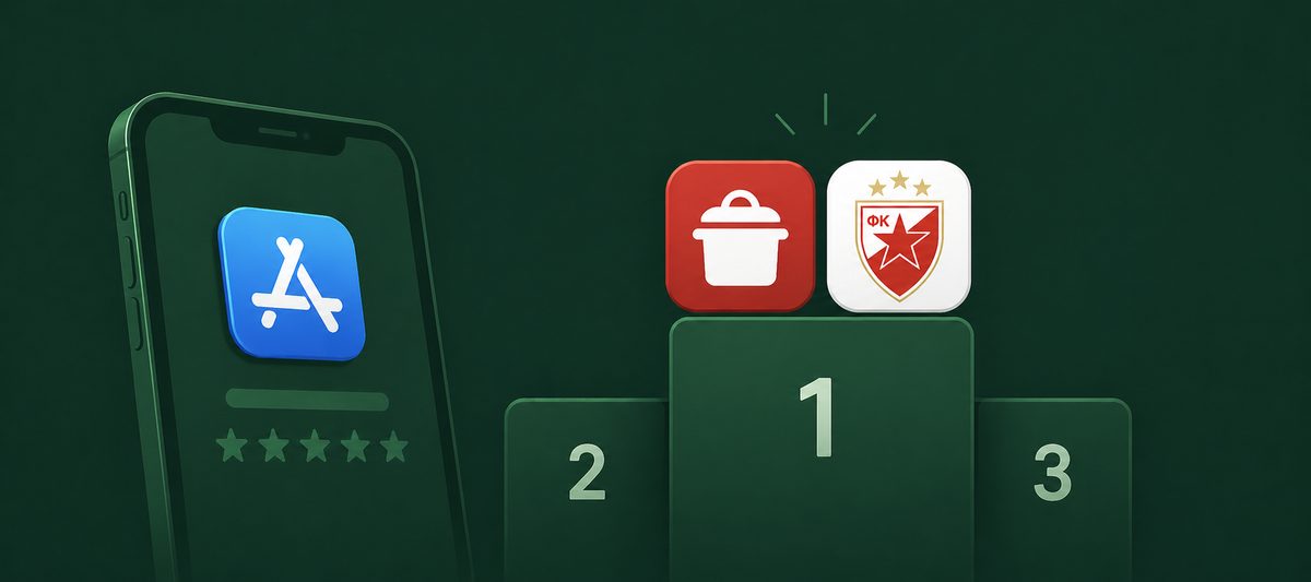 App Store ranking podium with mobile app icons for SimplyTastly and FC Red Star