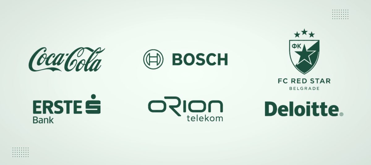 Grid of client logos including Coca-Cola, Bosch, FC Red Star, Erste Bank, Orion Telekom, and Deloitte