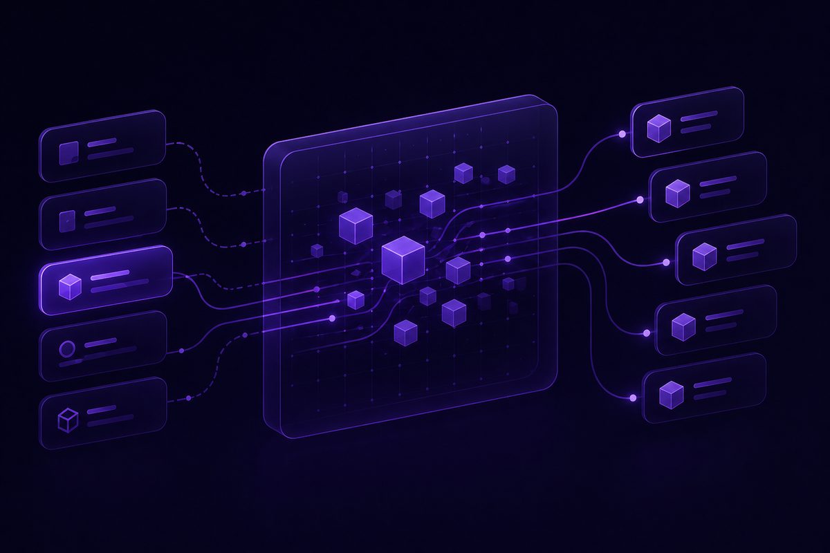 Abstract purple blockchain explorer interface with connected data blocks